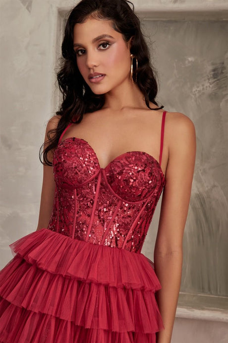 Reema Prom Dress Layered Tiered Ballgown 740143TKR-Burgundy Cinderella Divine CB143   LaDivine CB143