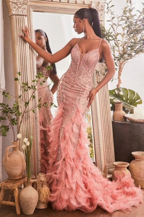 Remember Prom Dress Feathered Mermaid Gown 7401608TIR-Sage LaDivine CC1608 Cinderella Divine CC1608  Andrea & Leo CC1608  7401608TIR-Rose