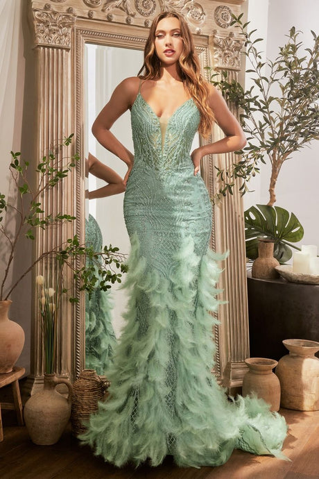 Remember Prom Dress Feathered Mermaid Gown 7401608TIR-Sage LaDivine CC1608 Cinderella Divine CC1608  Andrea & Leo CC1608  7401608TIR-Sage