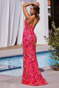 Rendezvous Prom Dress Sequins Printed Gown 740350TKR-HotPink Cinderella Divine-CM350 LaDivine CM350