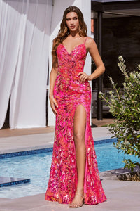 Rendezvous Prom Dress Sequins Printed Gown 740350TKR-HotPink Cinderella Divine-CM350 LaDivine CM350