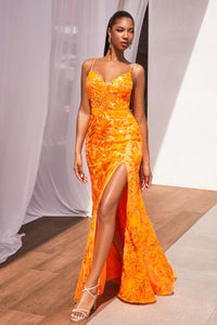 Rendezvous Prom Dress Sequins Printed Gown 740350TKR-Orange Cinderella Divine-CM350 LaDivine CM350