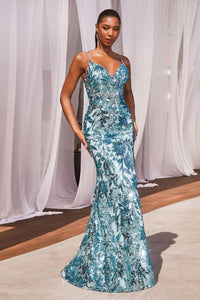 Rendezvous Prom Dress Sequins Printed Gown 740350TKR-Seamist Cinderella Divine-CM350 LaDivine CM350