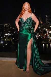 Saga Prom Dress Fitted Satin Bead Trimmed Gown 740440TRR-Emerald LaDivine CDS440 Cinderella Divine CDS440