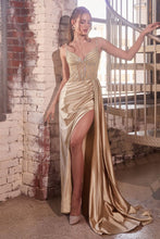Load image into Gallery viewer, Saga Prom Dress Fitted Satin Bead Trimmed Gown 740440TRR-Sand Cinderella Divine CDS440
