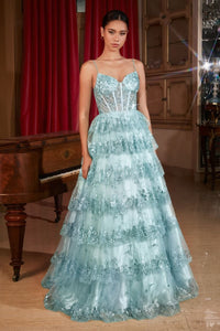 Shimmer Prom Dress Layered Sequin Gown 6201108TKR-Blue Andrea & Leo KV1108