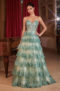 Shimmer Prom Dress Layered Sequin Gown 6201108TKR-Sage Andrea & Leo KV1108