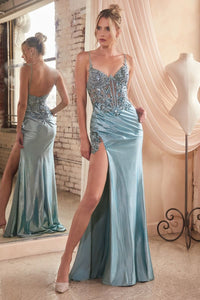 Spellbound Prom Dress Lace & Satin Fitted Gown 740439TRR-DustyBlue LaDivine CDS439