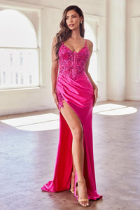 Spellbound Prom Dress Lace & Satin Fitted Gown 740439TRR-Fuschia LaDivine CDS439