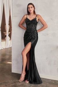 Swift Prom Dress Embellished Bodice Fitted Satin Gown 740176ER-Black LaDivine CD0176 Cinderella Divine CD0176