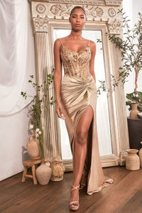 Swift Prom Dress Embellished Bodice Fitted Satin Gown 740176ER-Champagne/Gold LaDivine  CD0176 Cinderella Divine CD0176