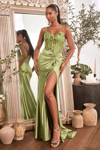 Swift Prom Dress Embellished Bodice Fitted Satin Gown 740176ER-Greenery LaDivine CD0176 Cinderella Divine CD0176