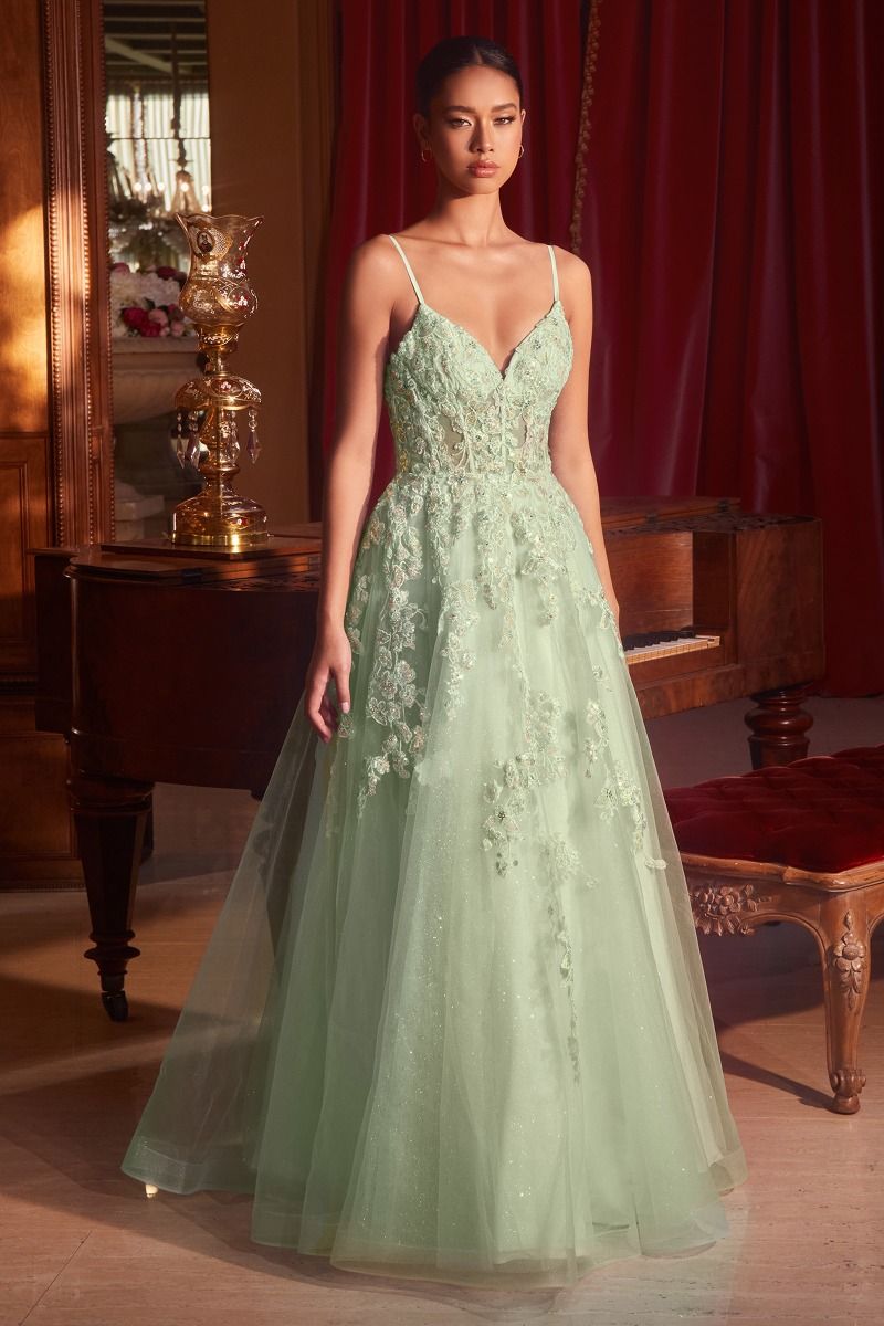 Vivid Prom Dress Floral Appliqued Tulle Ballgown 740347TKR-Sage Cinderella Divine CM347