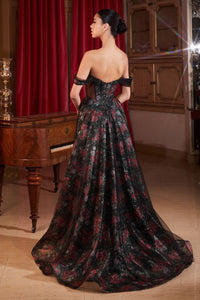 Vogue Prom Dress Off the Shoulder Floral Gown 740896TTR-Black Cinderella Divine CD806 LaDivine CD806