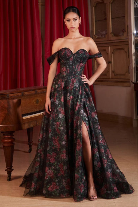 Vogue Prom Dress Off the Shoulder Floral Gown 740806TTR-Black Cinderella Divine CD806 LaDivine CD806