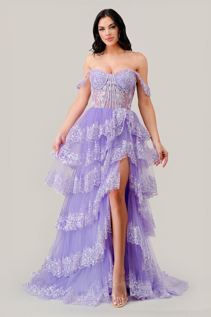 Adara Prom Dress Off the Shoulder Layered Gown 7401110TKR-Lavender    Cinderella Divine KV1110 LaDivine KV1110