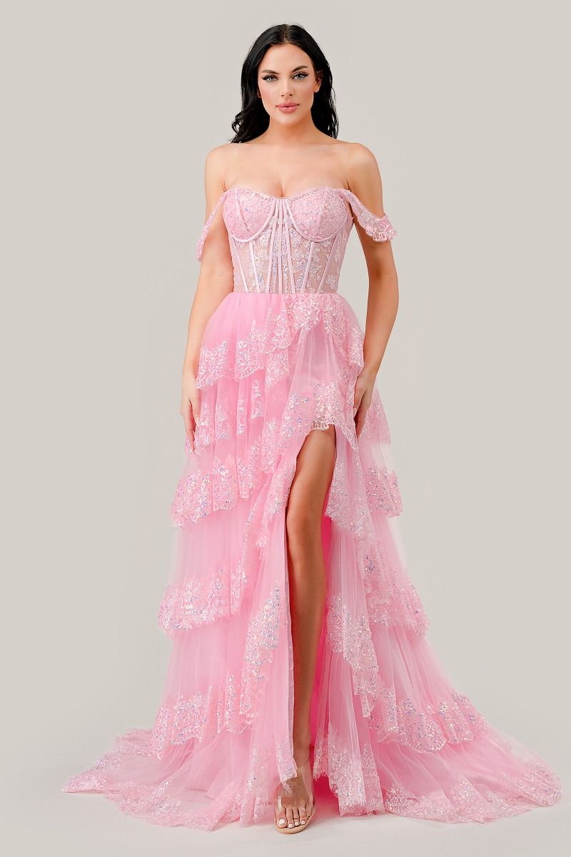 Adara Prom Dress Off the Shoulder Layered Gown 7401110TKR-Pink   Cinderella Divine KV1110 LaDivine KV1110