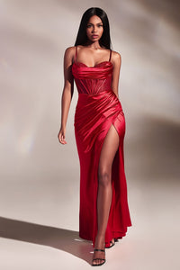 Aaron Fitted Satin Corset Prom Dress 740265ER-Red LaDivine CD265 Cinderella Divine CD265