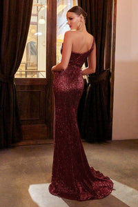 Alta Prom Dress One Shoulder Sequin Column Gown C182WR-Burgundy