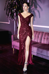 Aria Prom Dress Sequin Fitted V Neckline C-198AI-Burgundy