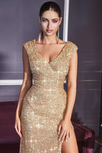 Load image into Gallery viewer, Aria Prom Dress Sequin Fitted V Neckline C-198AI-Gold