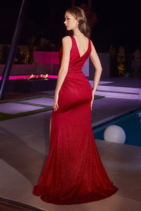 Barri Glitter Stretch Fitted Prom Dress 7404003KR-Burgundy