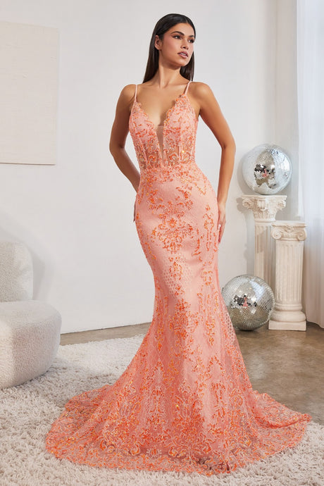 Belong Prom Dress Mermaid with Corset look bodice 7402189TRR-NeonOrange LaDivine CC2189 Cinderella Devine CC2189