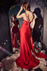 Berkley One Shoulder Embellished Stretch Satin Prom Gown 740427TTR-Red