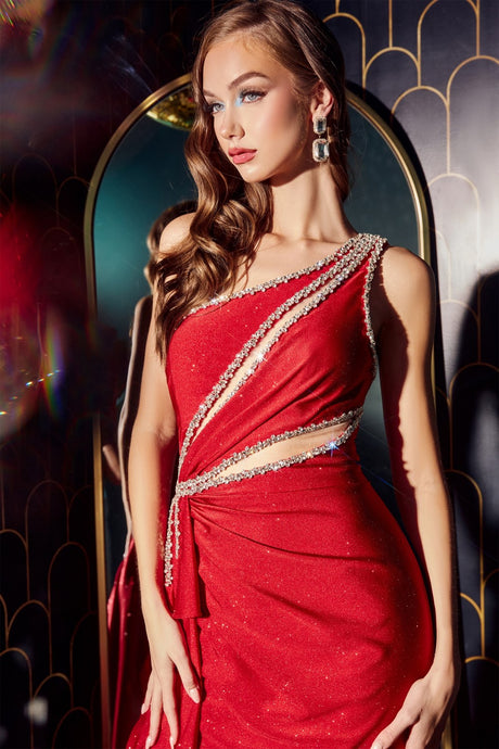 Berkley One Shoulder Embellished Stretch Satin Prom Gown 740427TTR-Red