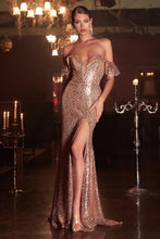 Load image into Gallery viewer, Evan Sequin Off the Shoulder Prom Dress C167TRR-Gold
