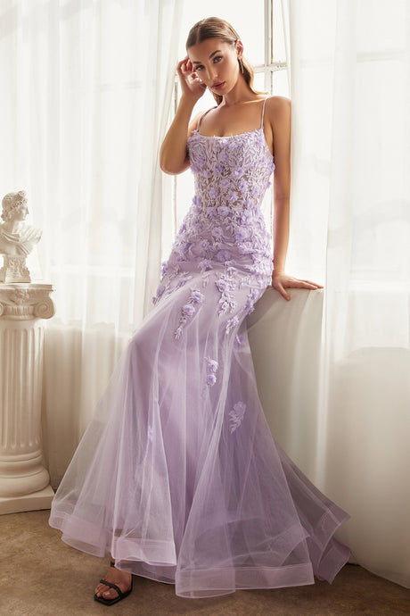 Everly Prom Dress Layered Tulle Floral Lace 740995TNR-Lavender Cinderella Divine CD995