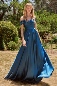 Fallon Off the Shoulder A-line Satin Dress 7407493KK-FrenchNavy LaDivine 7493 Cinderella Divine 7493