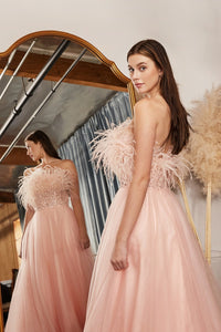 Flair Strapless Feather Adorned Ballgown Prom Dress C864XR-Blush