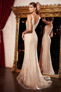 Harlan Beaded Lace Deep Plunge Prom Dress C981TWR-Champagne  LaDivine CD981 Cinderella Divine CD981