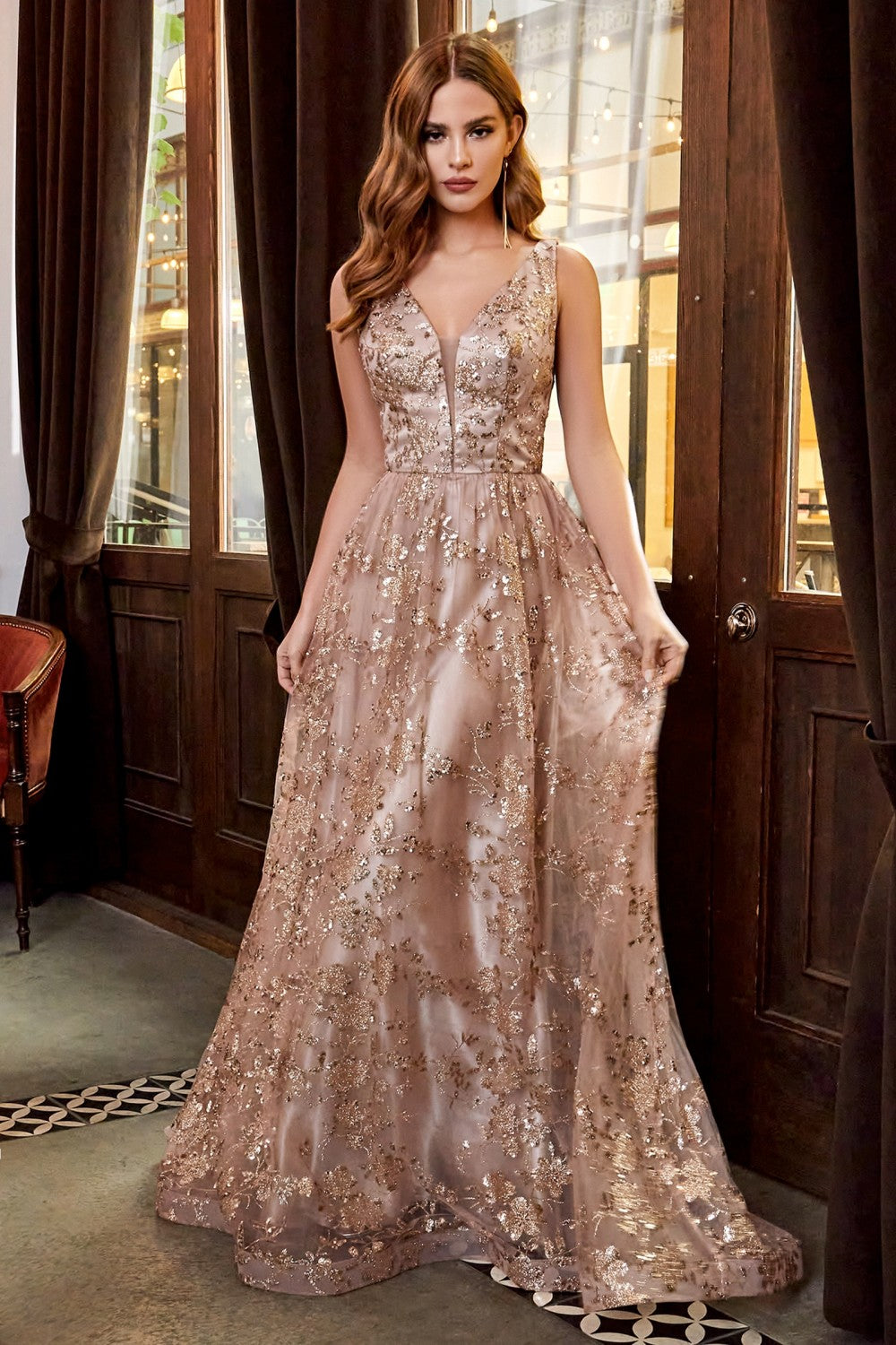 Harris Prom Dress Glitter Embellished Ballgown C068EX-Gold/Mocha