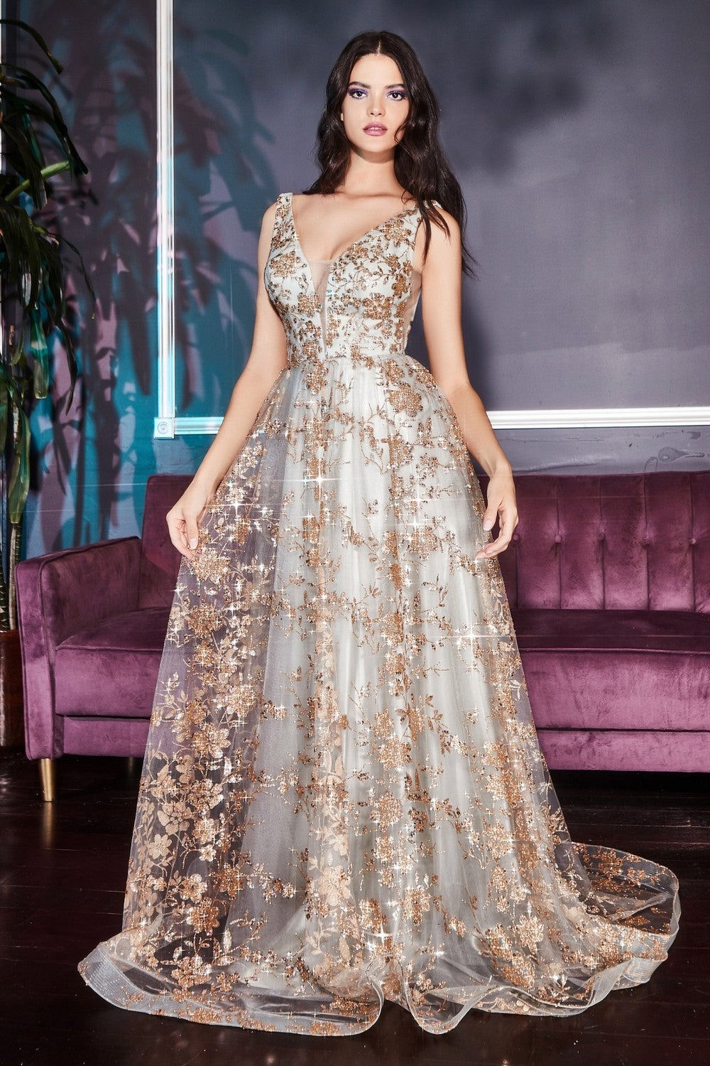 Harris Prom Dress Glitter Embellished Ballgown 740068EX-Gold/Sage LaDivine CB068 Cinderella Divine CB0686