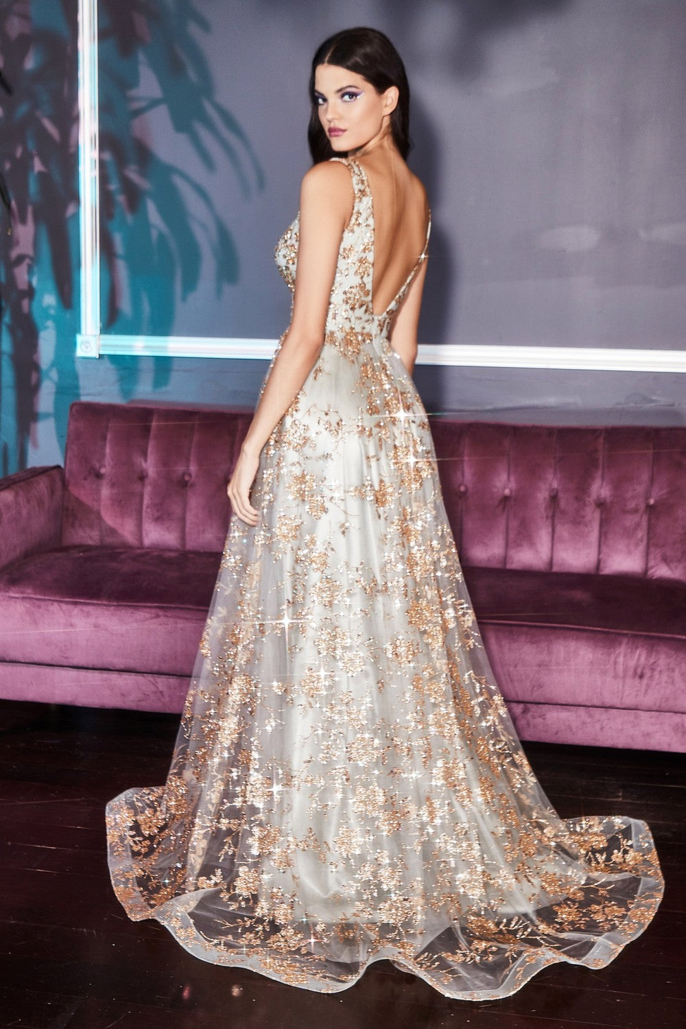 CD CD208 - Glittery Gold to Silver Ombre Ball Gown with Sheer Lace & R –  Diggz Formals