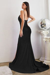 Hollywood Embellished Bust Stretch Satin Fitted Prom Gown 740888XR-Black Ladivine CD888 Cinderella Divine CD888