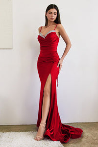 Hollywood Embellished Bust Stretch Satin Fitted Prom Gown 740888XR-Red