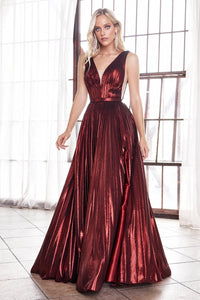 Izzy Prom Dress Pleated Metallic Lame' Gown C160NR-Burgundy
