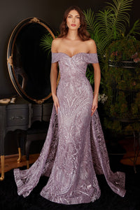 Marleigh Off the Shoulder Lace Overskirt Prom Gown 740836ER-Mauve LaDivine J836 Cinderella Divine J836