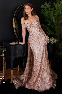 Marleigh Off the Shoulder Lace Overskirt Prom Gown 740836ER-RoseGold LaDivine J836