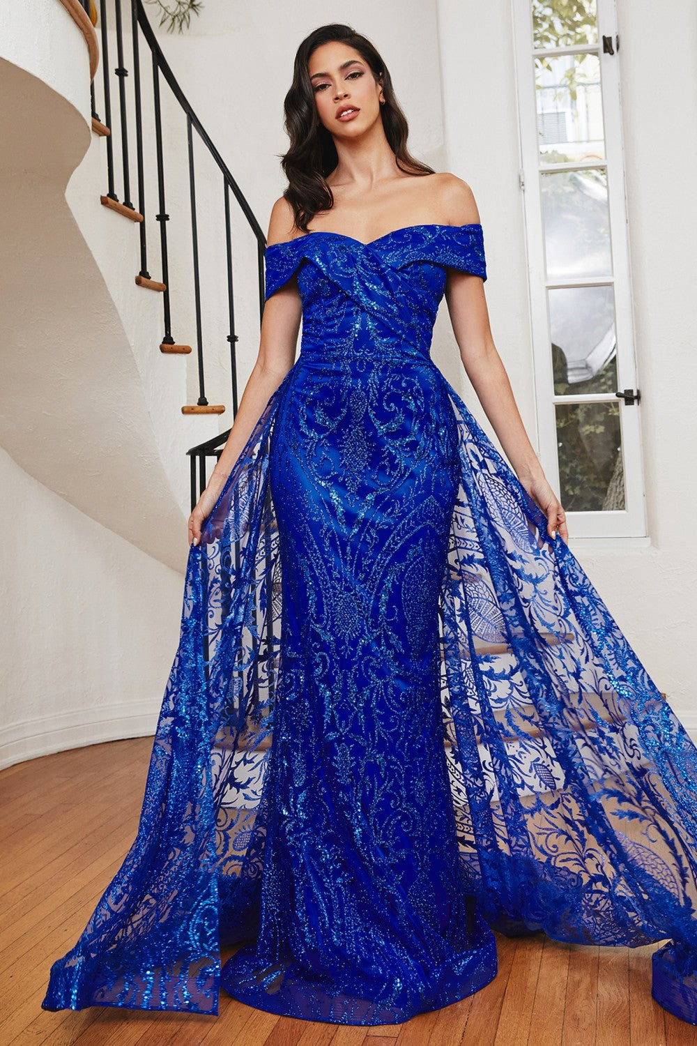 Marleigh Off the Shoulder Lace Overskirt Prom Gown 740836ER-Royal LaDivine J836 Cinderella Divine J836