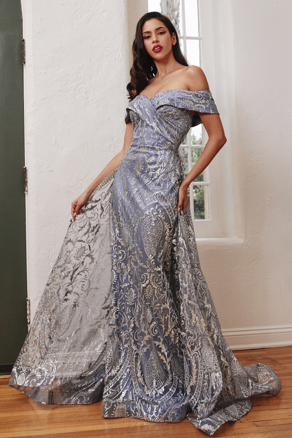 Marleigh Off the Shoulder Lace Overskirt Prom Gown 740836ER-SmokeyBlue LaDivine J836 Cinderella Divine J836