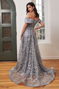 Marleigh Off the Shoulder Lace Overskirt Prom Gown 740836ER-SmokeyBlue LaDivine J836 Cinderella Divine J836