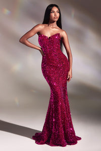 Media Strapless Lace Up Sequin Prom Gown 740151TRR-Fuschia LaDivine CH151 Cinderella Divine CH151