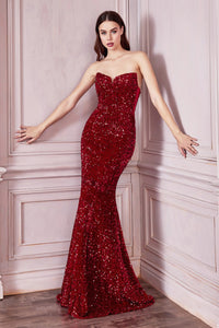 Media Strapless Lace Up Sequin Prom Gown 740151TRR-Red LaDivine CH151 Cinderella Divine CH151