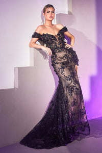 Megan Prom Gown Off Shoulder Dress 7402164TRR-Black/Nude LaDivine CC2164 Cinderella Divine CC2164