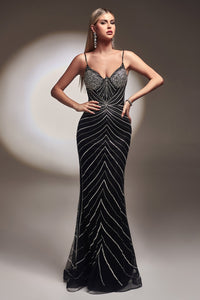 Neo Silver on Black Art Deco Print Gown 740866TKR-black Cinderella Divine CR866