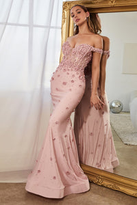 Petals Off the Shoulder Floral Mermaid Prom Gown 7408952THR-DustyRose  LaDivine CC8952 Cinderella Divine CC8952